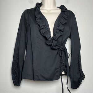 Rebecca‎ Taylor Women Top XS Black Ruffle Trim Wrap Long Sleeve Date Night